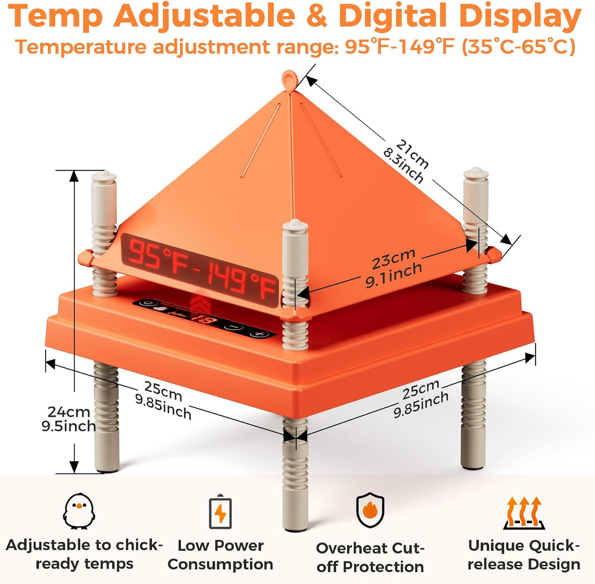 Smart Chick Brooder Heating Plate 10"x10" with Digital Temp Control (95℉-149℉), Stepless Adjustable Height &