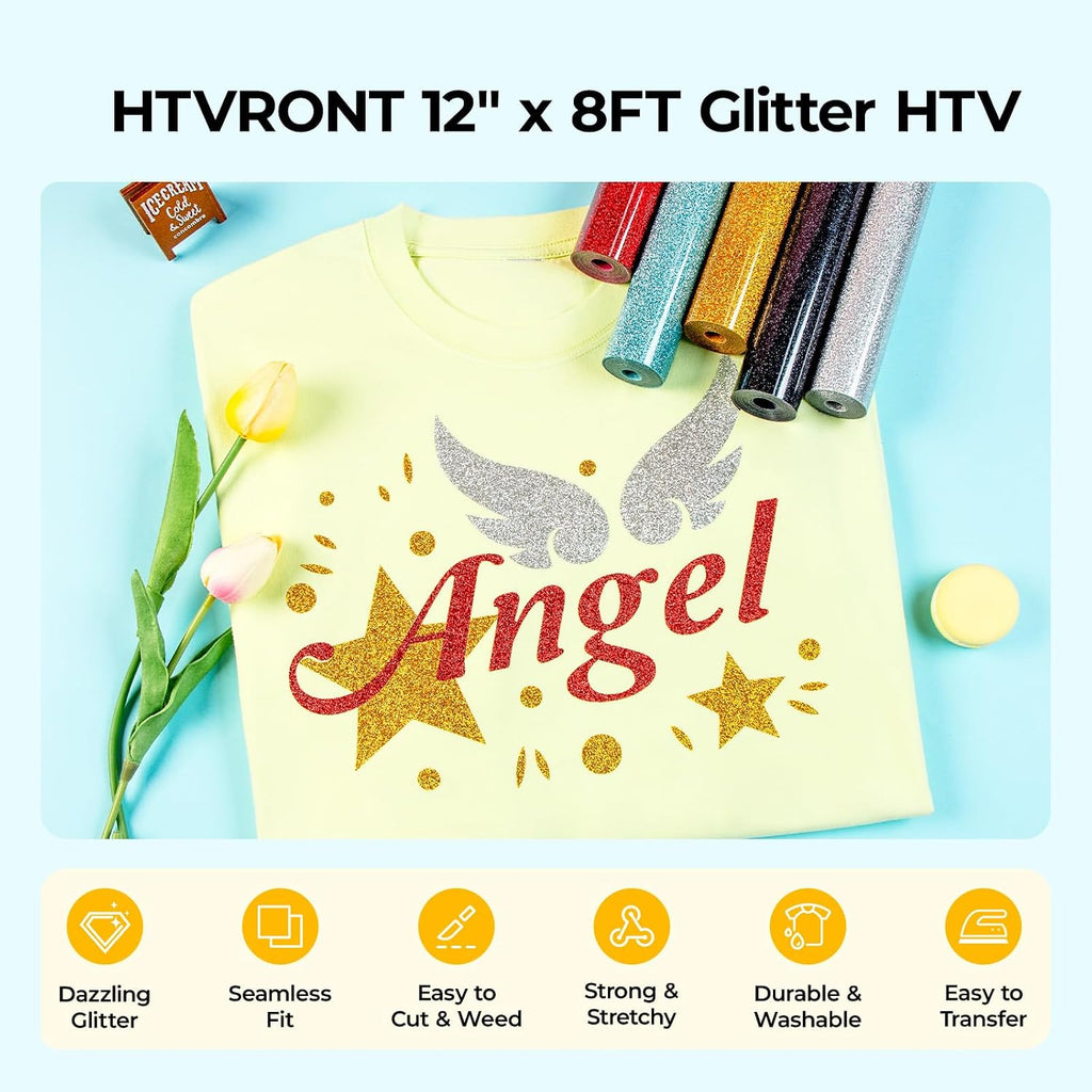 Black Glitter HTV Vinyl- 10" x 8ft Glitter Iron on Vinyl for Shirts | Black Glitter Heat Transfer Vinyl Roll for All