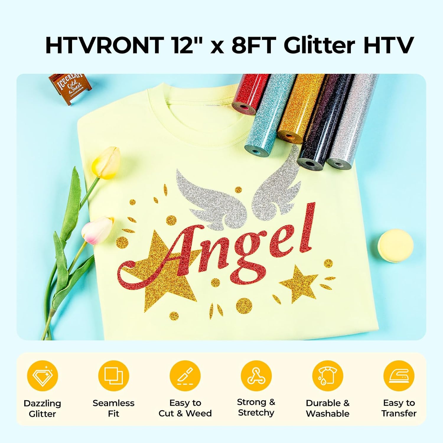 Black Glitter HTV Vinyl- 10" x 8ft Glitter Iron on Vinyl for Shirts | Black Glitter Heat Transfer Vinyl Roll for All