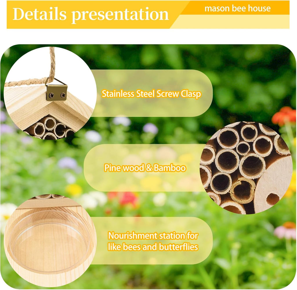Mason Bee House with Feeding Trays, Natural Pine Wood Hanging Bee Hive