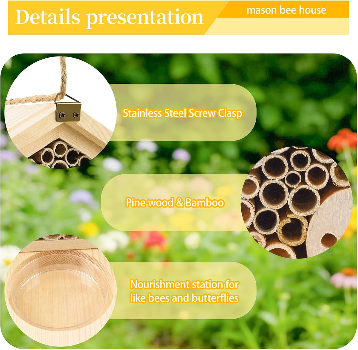 Mason Bee House with Feeding Trays, Natural Pine Wood Hanging Bee Hive