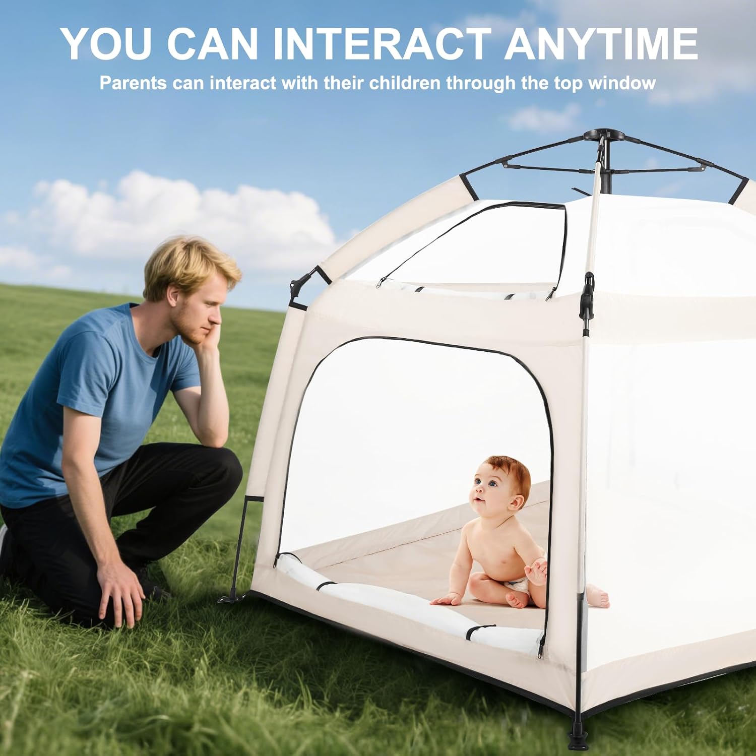 Baby Playpen with Canopy, Square Toddler Beach Tent (Beige) | Portable Infant Play Yard, Mosquito Net, Indoor and