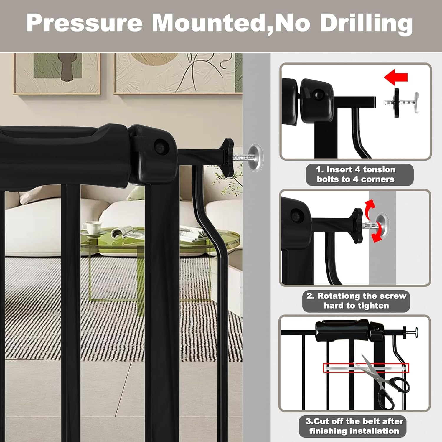 Extra Wide Baby Gate Black 57.5-62 Inch Wide, Walk Through Pressure Mounted No Drill for Doorways, Long and Large