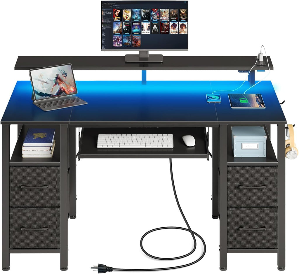 Computer Desk 47.2" with LED Lights & Power Outlets, Home Office Desk with 4 Drawers, Writing Desk with Keyboard