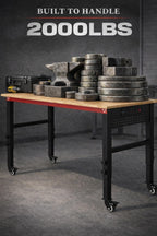 48" Workbench with Wheels, Adjustable Height Workbench with Power Strip & Pegboard, 2000LBS Solid Wood Top Work Table