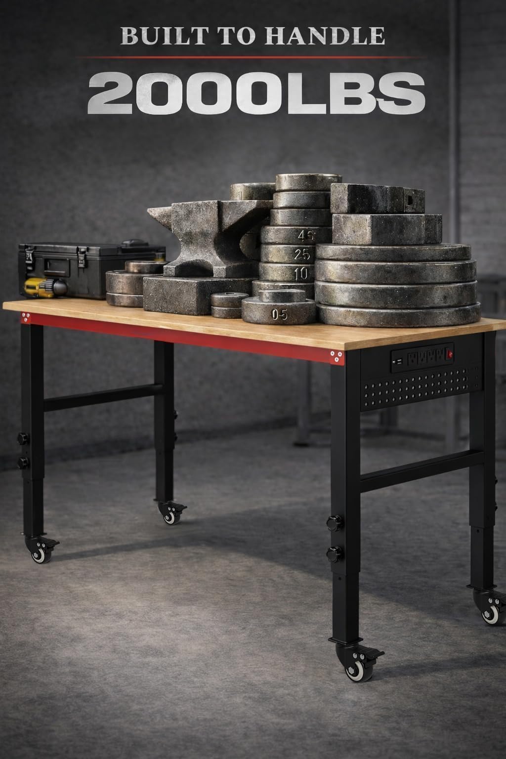 48" Workbench with Wheels, Adjustable Height Workbench with Power Strip & Pegboard, 2000LBS Solid Wood Top Work Table
