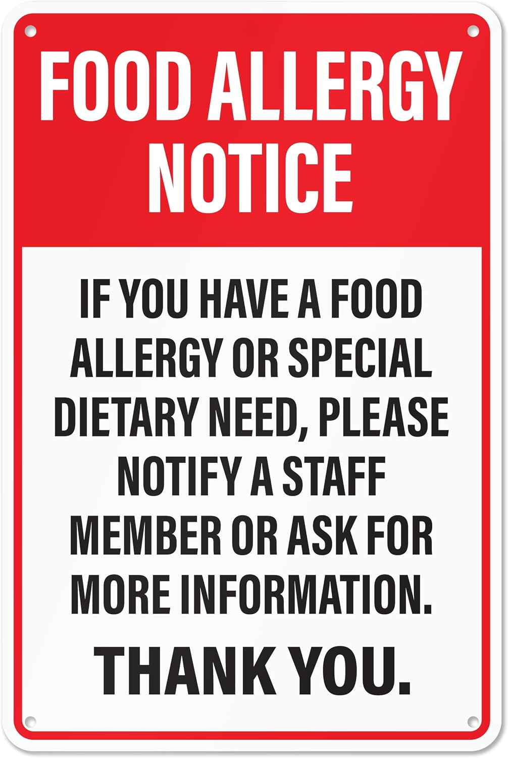 Food Allergy Notice Sign 12" x 8"
