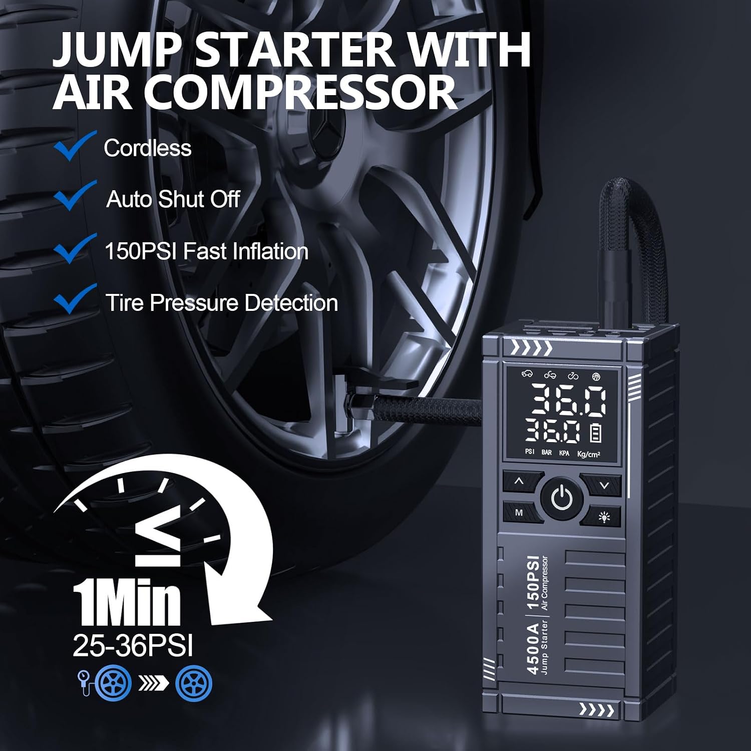Car Battery Jump Starter with Air Compressor - 4500A 150PSI Portable Car Jump Starters (All Gas/10L Diesel) with Tire