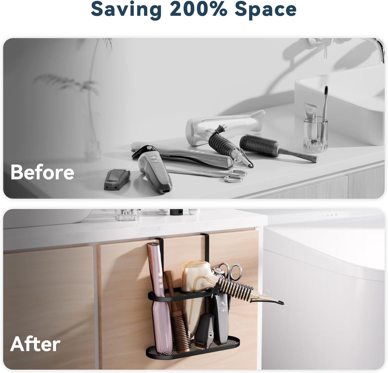 3-in-1 Hair Tool Organizer Holder for Dryer, Straightener & Curling Iron - Multi-Placement Design Mounts on Cabinet
