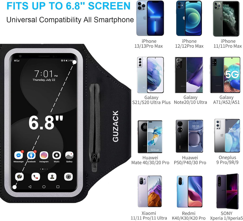 Running Armband with Zipper Pouch, Running Phone Holder,Up to 6.9" | Card Slot, Anti-Drop Buckle, Breathable, Sports