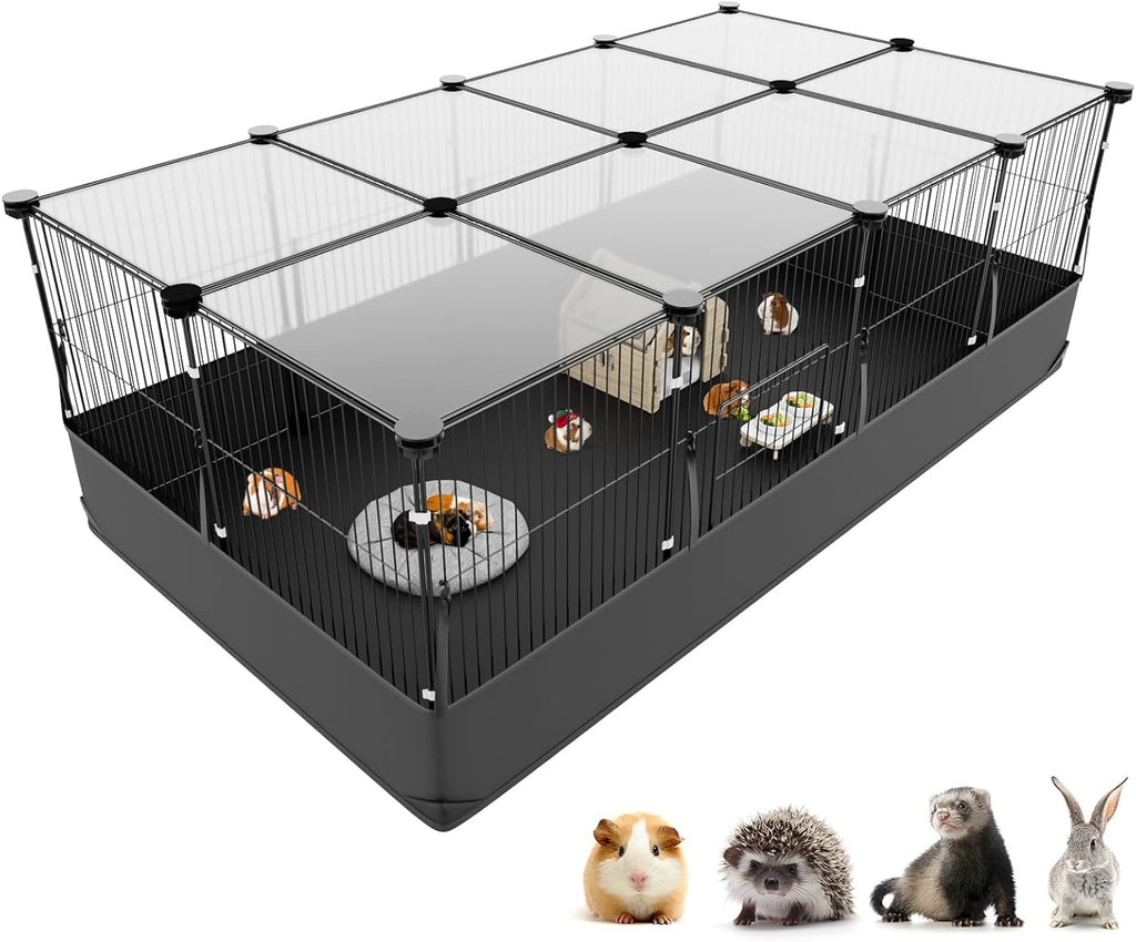 Guinea Pig Cage with Top Cover & 12 Panels, Triple Fixing Measures Small Animal Playpen with Waterproof PVC Liner &