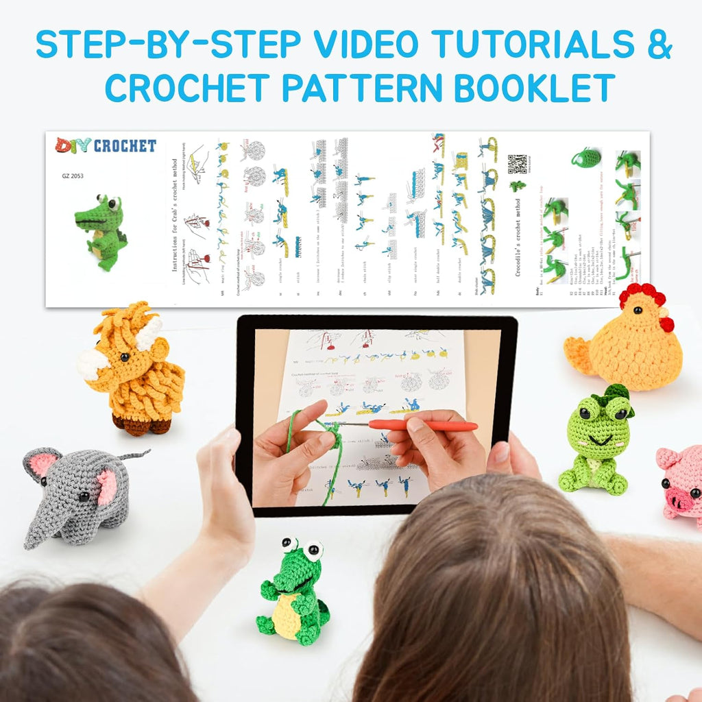 Crochet Kit for Beginners | Set of 6 Animal Crochet Kits with Yarn & Video Tutorials, Includes Frog, Crocodile