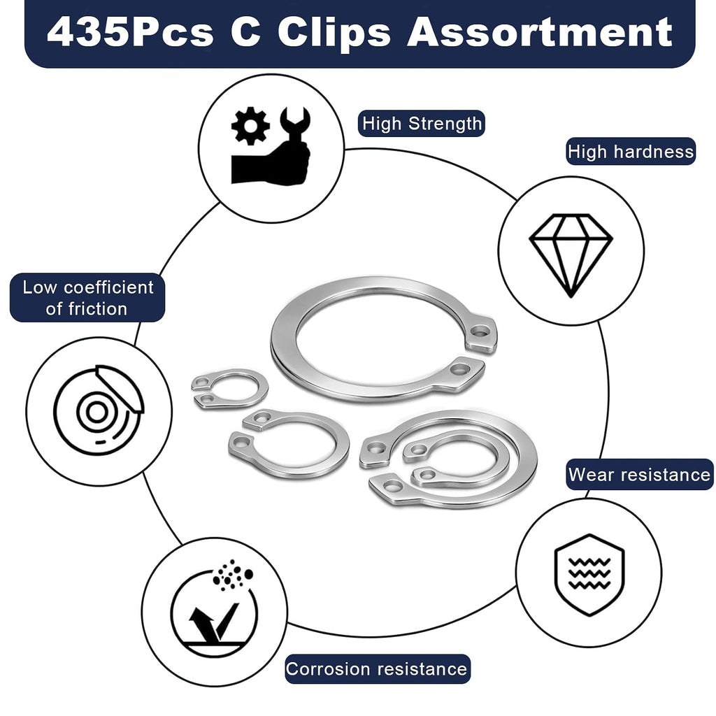ZQZ C Clips Assortment Kit (M3-M26), 435 Pcs External Retaining Rings Set