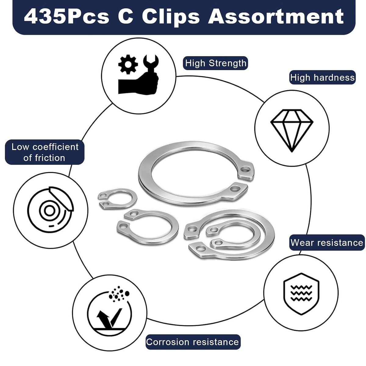 ZQZ C Clips Assortment Kit (M3-M26), 435 Pcs External Retaining Rings Set
