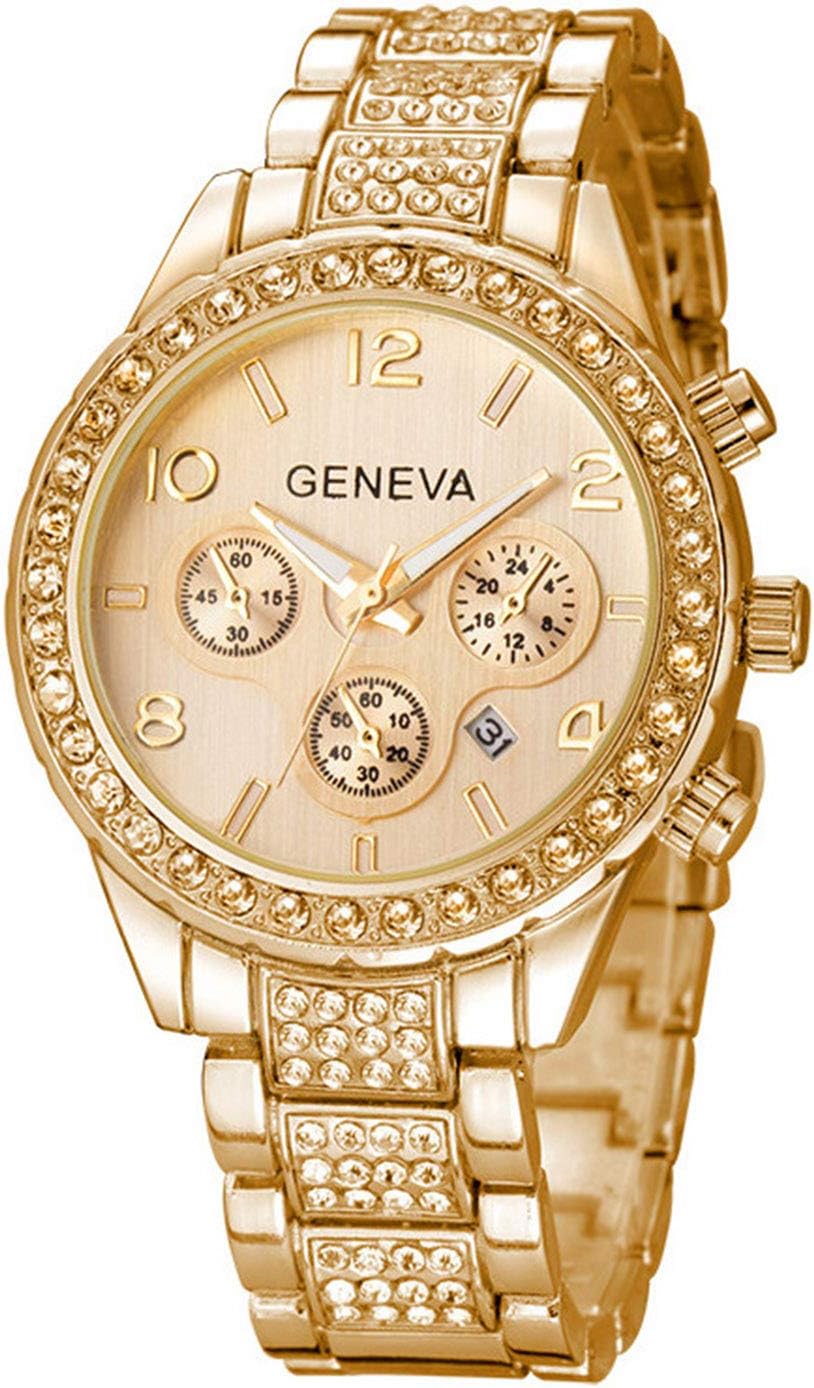 Luxury Unisex Watch Crystal Quartz Calendar Gold Silver Stainless Steel Wrist Watch