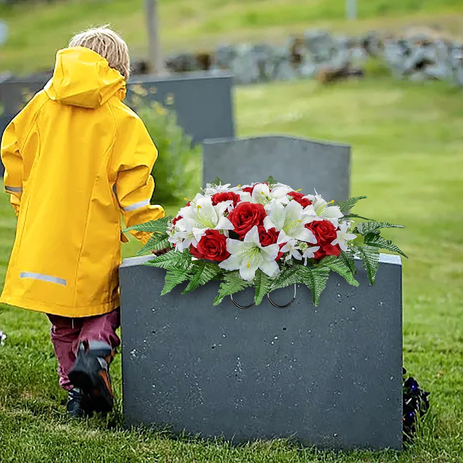 Artificial Cemetery Flower Saddles for Graves, Cemetery Memorial Flowers for Outdoor Headstone Tombstone Decorations