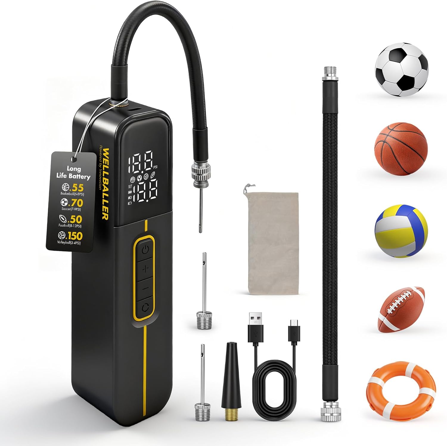 Electric Ball Pump for Sports Balls with Fast Inflation, 2600mAh Ball Pump with Pressure Gauge and Digital LCD