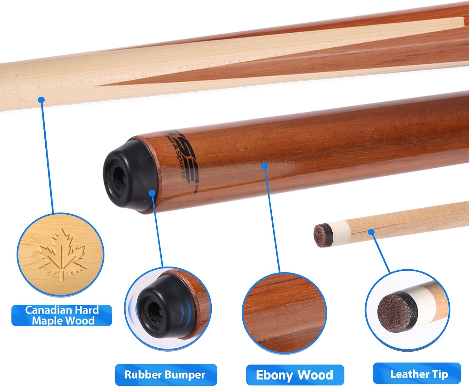 GSE 36"/42"/48"/52"/58" 1-Piece Canadian Maple Shorty Pool Cue Sticks | Solid Hardwood, Billiard House Bar Pool Cue