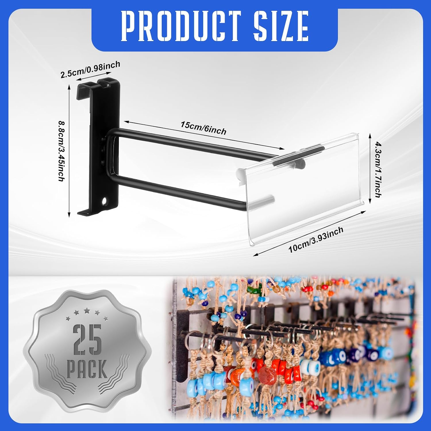 25 Set 6 Inch Grid Wall Hooks, Gridwall Accessory Rack Hooks Panel Hanger, Heavy Duty Double Bar with Price Tag Black