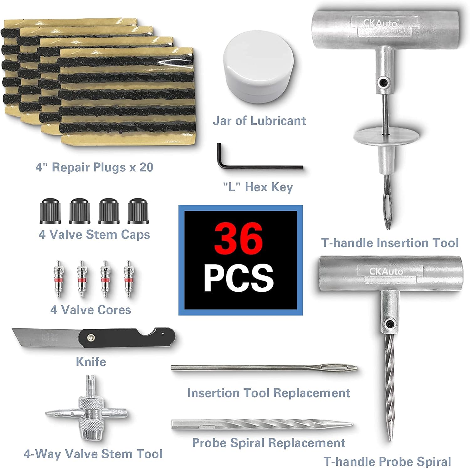36 pcs Universal Tire Repair Kit with Plugs Heavy Duty Professional