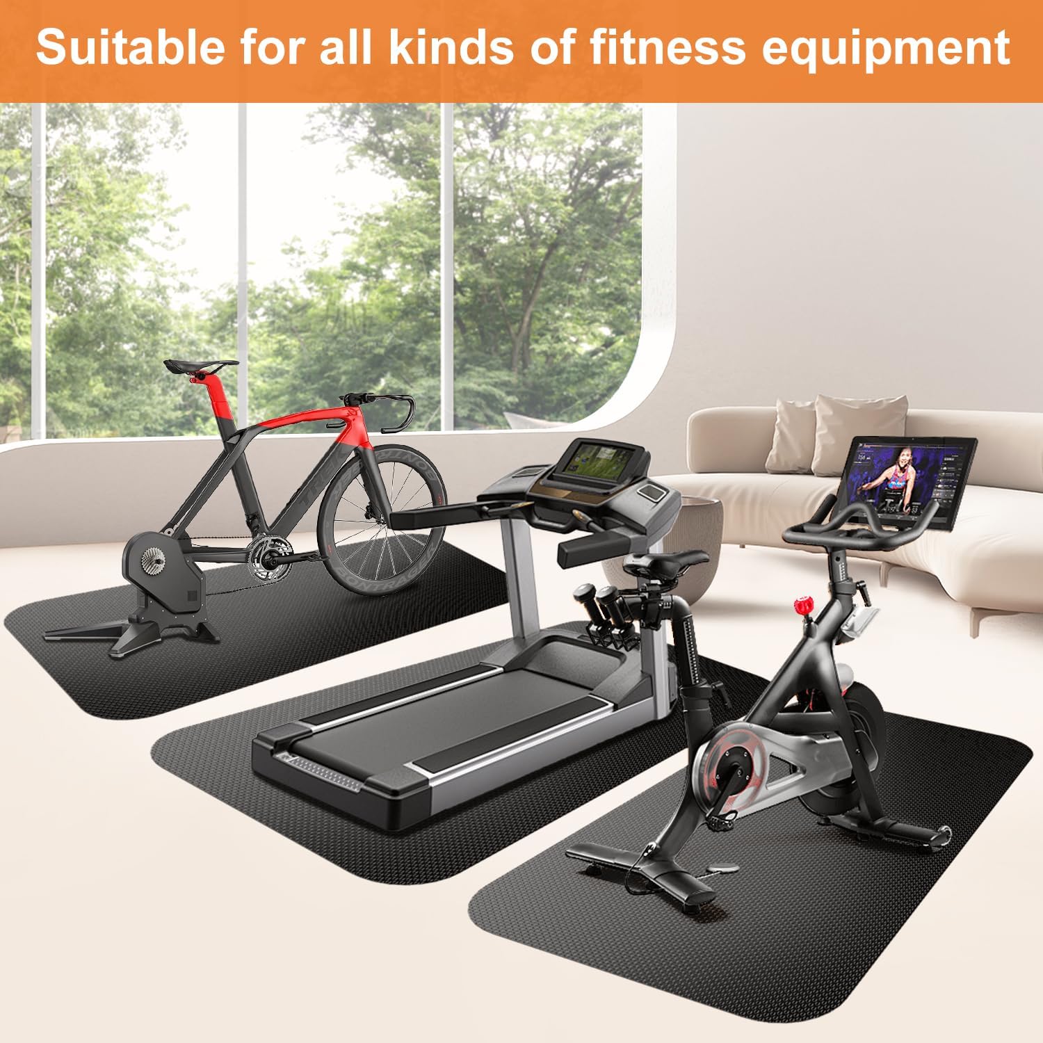 Rowing Machine Mat 96" x 28" With Sports Towel and Strap,Treadmill Mat Compatible with Peloton Bike, Row & Concept 2
