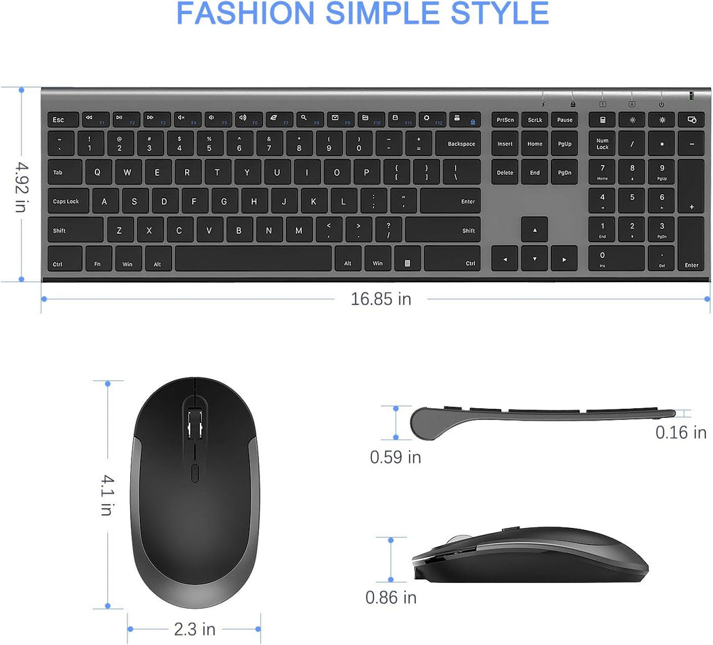 Wireless Keyboard and Mouse, Rechargeable Ultra Slim, Dark Gray | Quiet Full-Size Keyboard and Mouse Combo Set, for