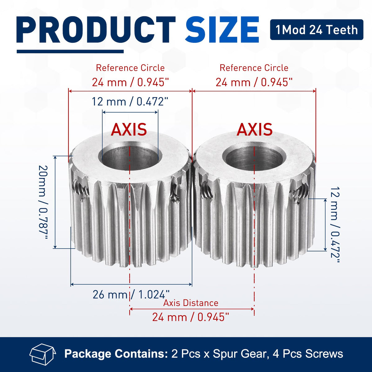 DTGN Spur Gear 1Mod 24 Teeth 13mm Thickness 12mm Bore 2Pcs