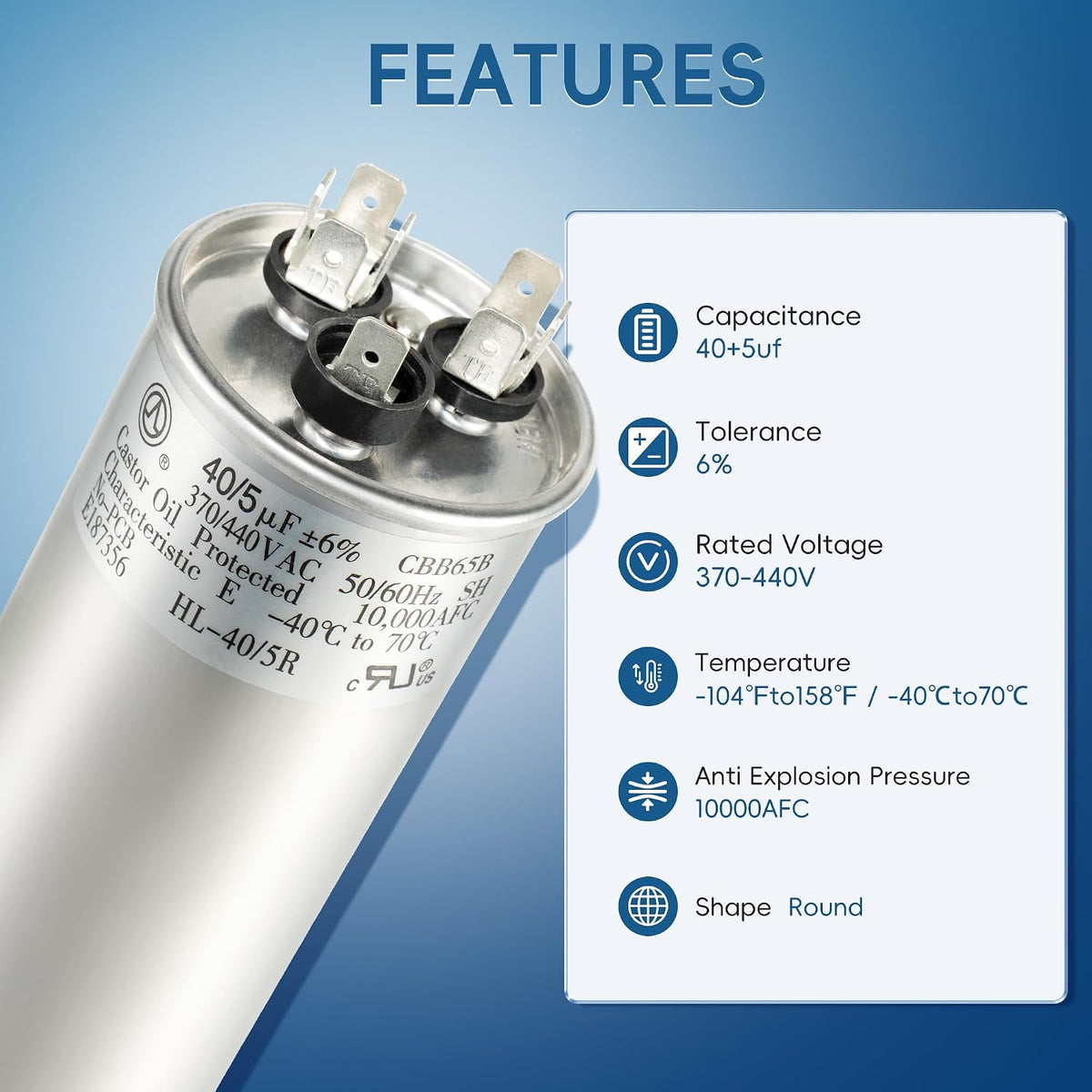 40+5 uF 40/5 MFD ±6% 370V/440VAC CBB65 Dual Run Circular Start Capacitor for Heat Pump Air Conditioner，Ten Years of Coverage