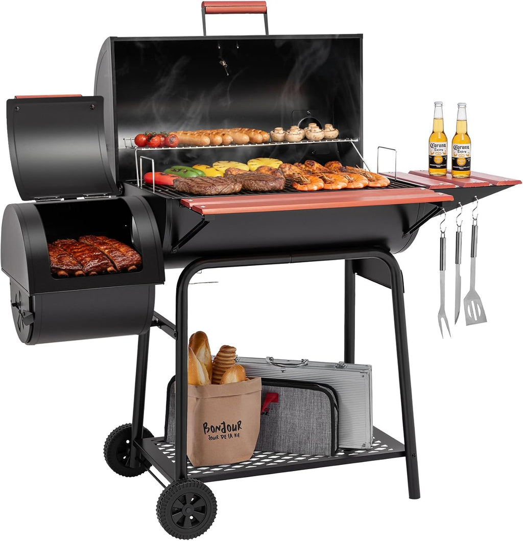 30-Inch Charcoal Grill with Offset Smoker, Wood-Painted Table