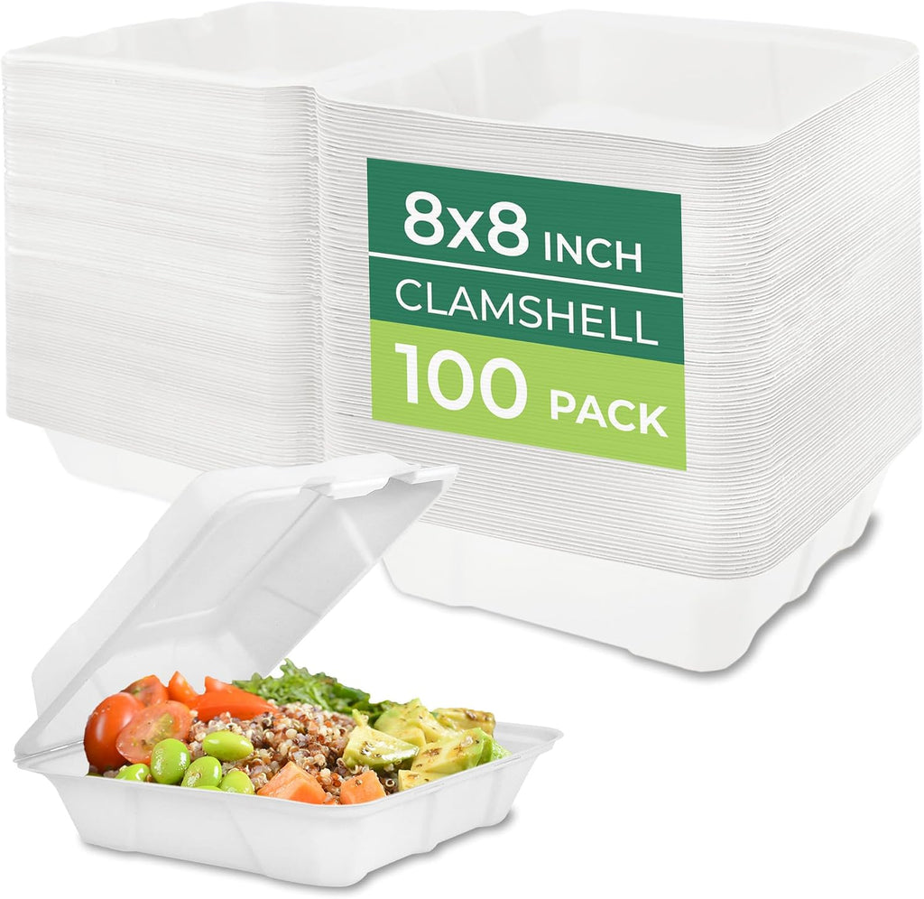 Clamshell Food Containers with Lids [8x8" 100-Pack] Disposable To Go Containers, Biodegradable Sugarcane To Go Boxes