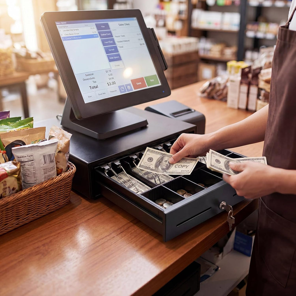 13 Inch Cash Register Drawer with Lockable Cover & Removable Tray, Heavy Duty POS Cash Drawer for Small Business, 4