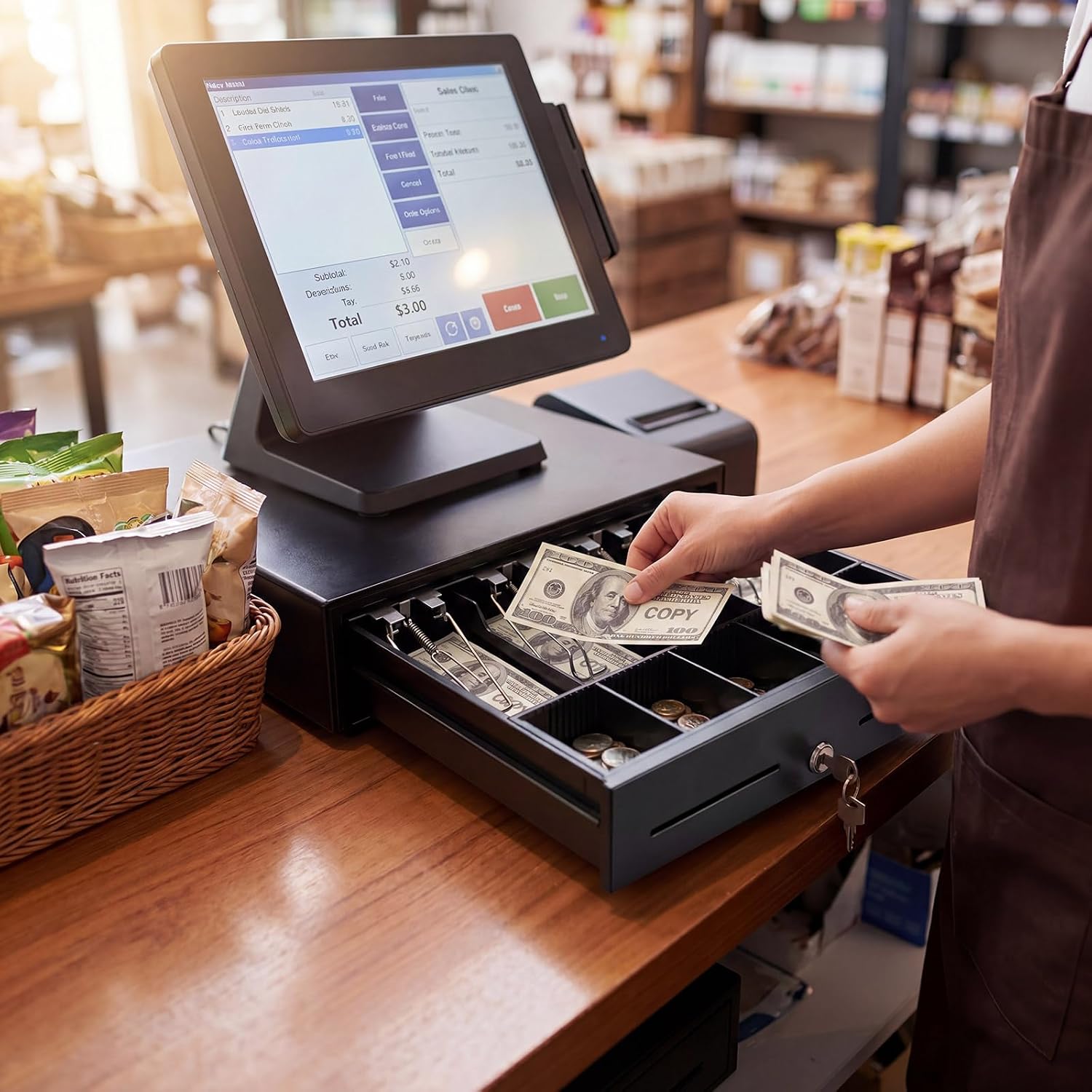 13 Inch Cash Register Drawer with Lockable Cover & Removable Tray, Heavy Duty POS Cash Drawer for Small Business, 4