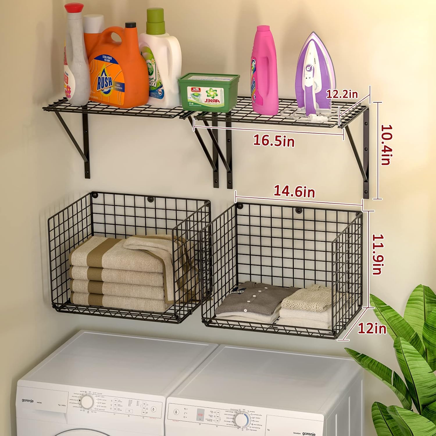 2 Pack Laundry Room Shelves, Wire Baskets with 8 Hooks, Over Washer and Dryer Shelf, Wall Mounted Storage and Clothes