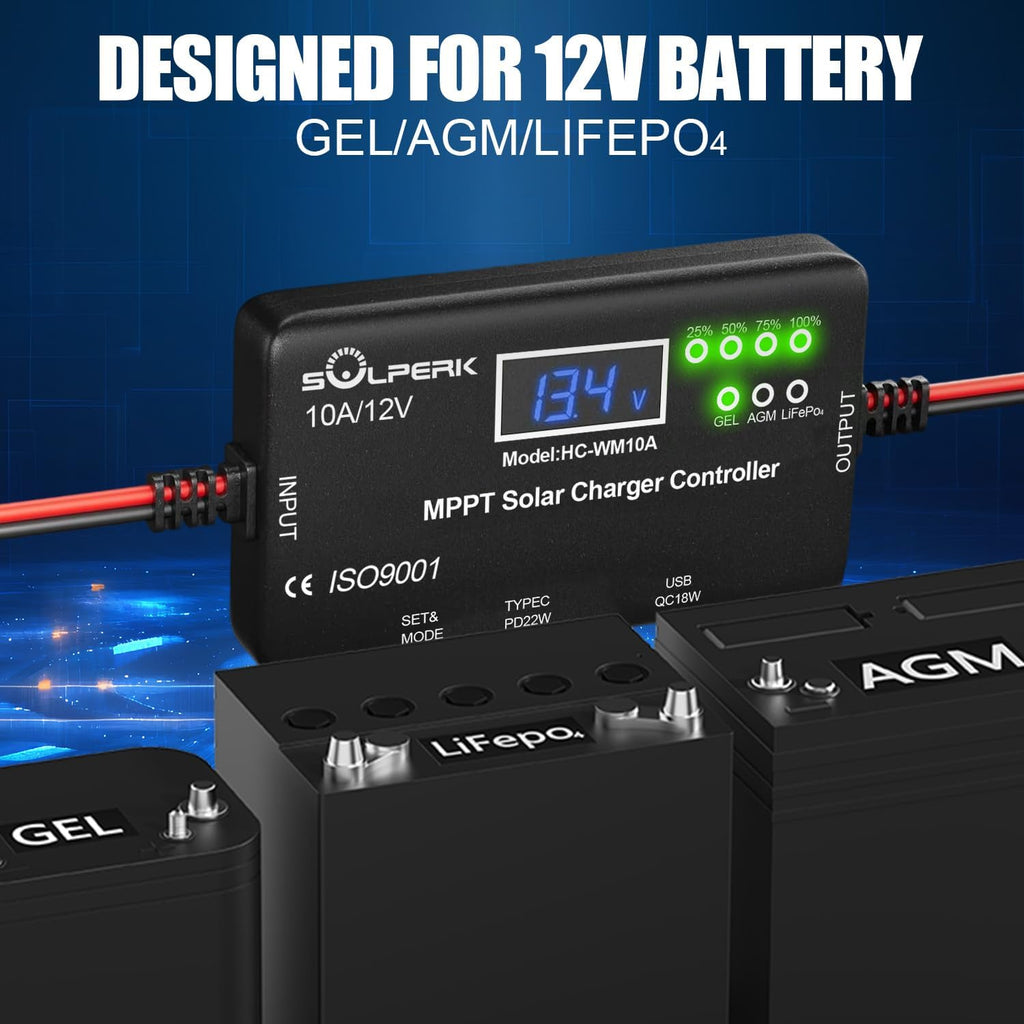MPPT 10A 12V Solar Charge Controller for Gel AGM Lithium LiFePO4 | Solar Panel Charge Controller LCD Display with