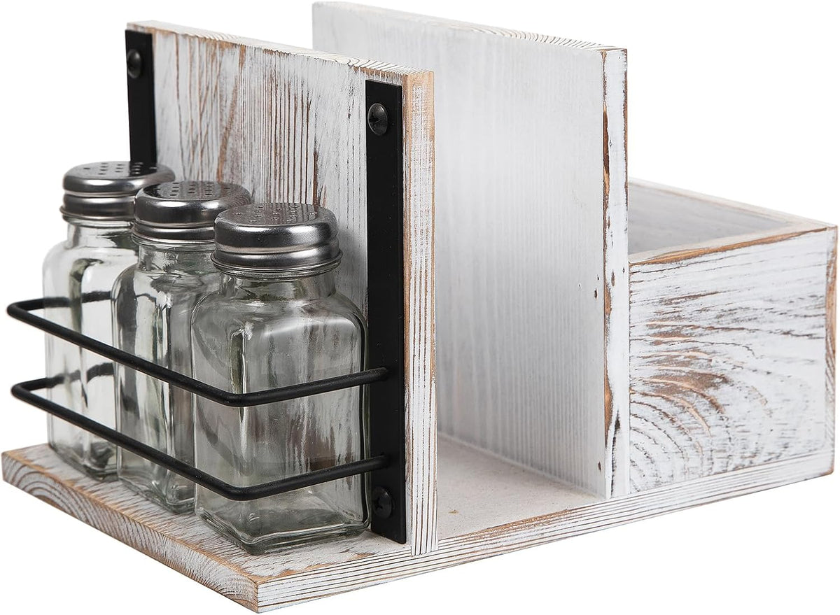 Rustic Whitewashed Wooden Kitchenware Organizer Napkin Utensil Spice Holders Table Seasoning Shakers Chalkboard Label
