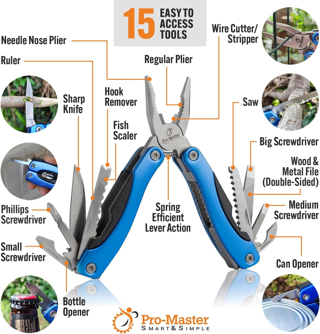15-in-1 Multitool with Safety Locking, Stainless Steel Pocket Knife & Pliers, Compact EDC Multi Tool for Camping