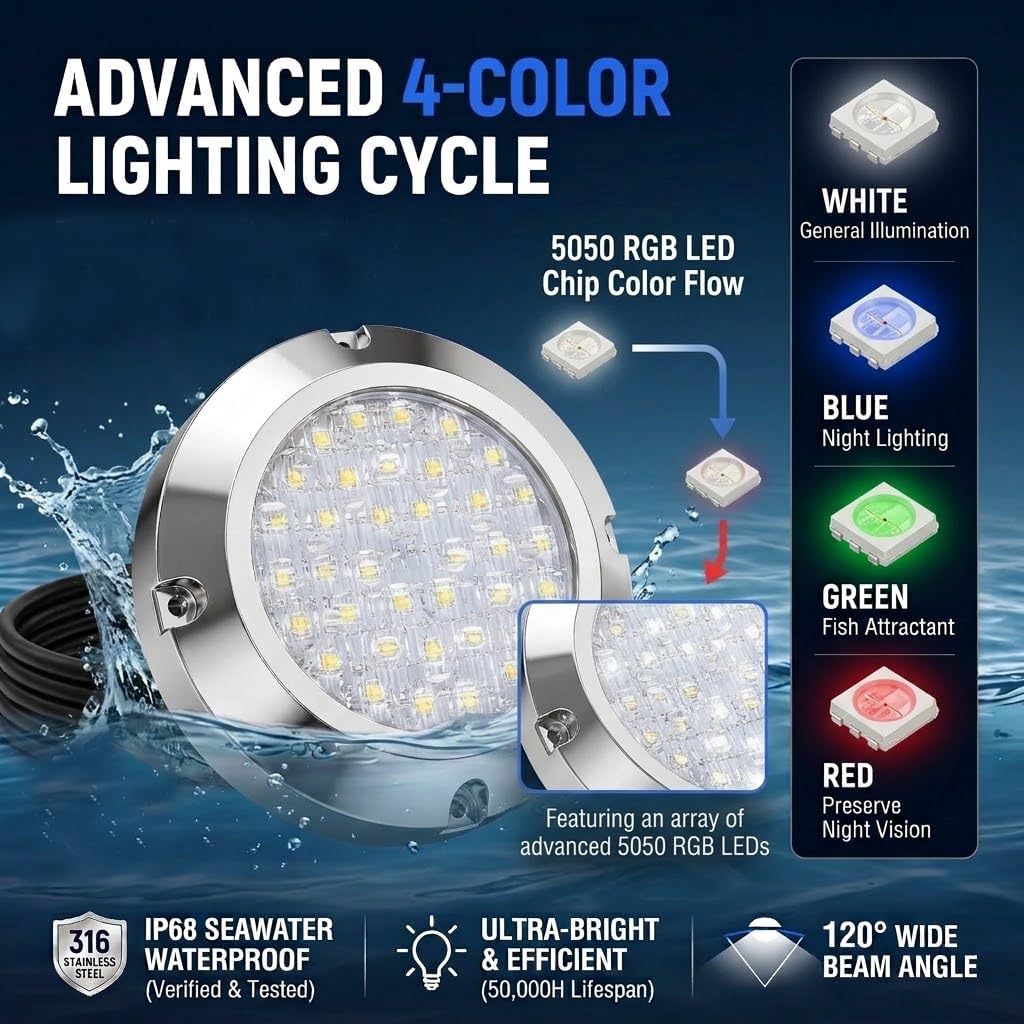 4.25" RGBW Underwater Boat Lights Marine LED Transom Waterproof DC10-30V
