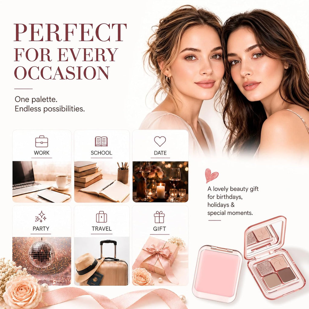 4 Color Mini Neutral Nude Eyeshadow Palette with Mirror, 04 Pink Beige