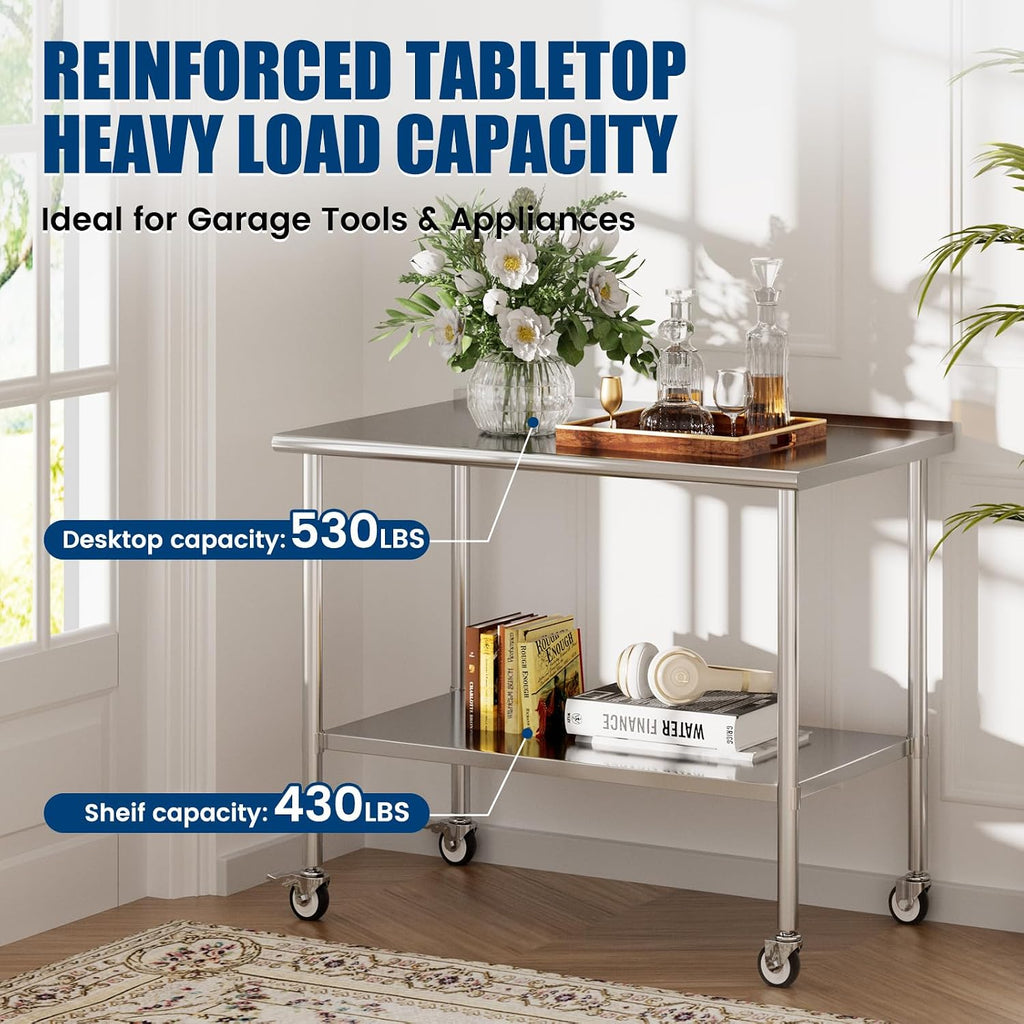 Stainless Steel Work Table with Wheels & Backsplash, 30x60 Inch