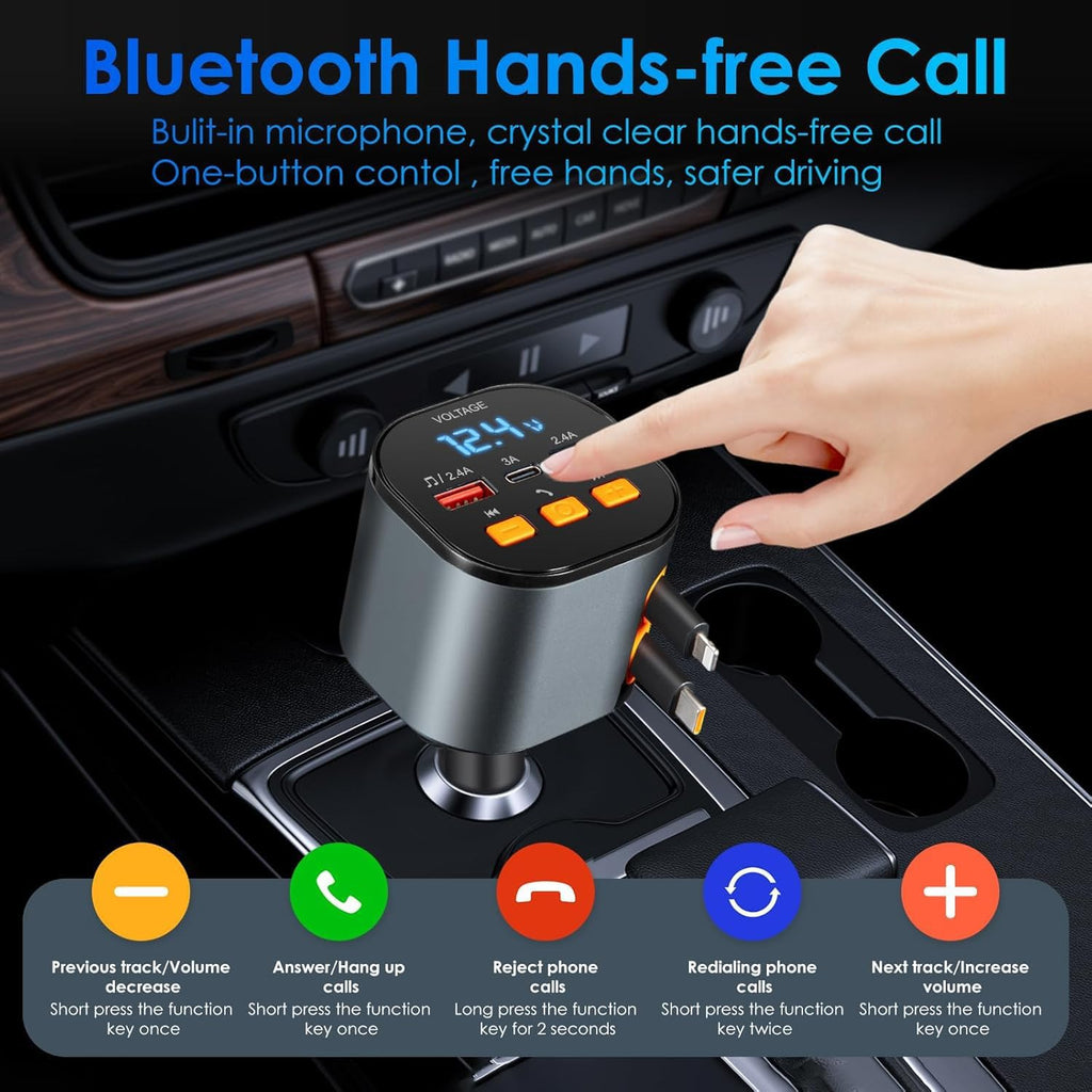 Retractable Car Charger,5 in 1 Fast Cars Phone Charger 90W,Bluetooth 5.3 FM Transmitter Adapter,Handsfree Call,2