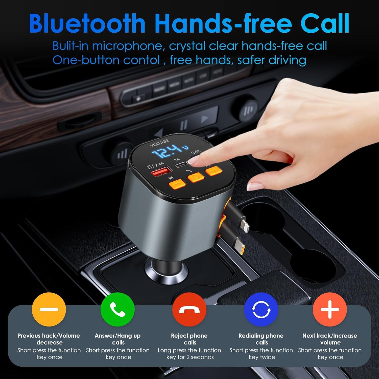 Retractable Car Charger,5 in 1 Fast Cars Phone Charger 90W,Bluetooth 5.3 FM Transmitter Adapter,Handsfree Call,2