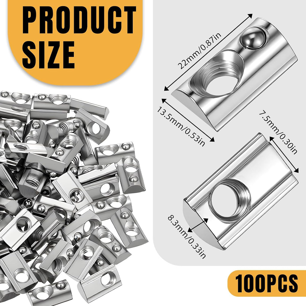 100 Pcs 40 Series M8 Thread T Spring Nut Carbon Steel European Standard M8 T Nuts Half Round Roll in Spring for 3D Printer, Aluminum Extrusion Profile, Silver