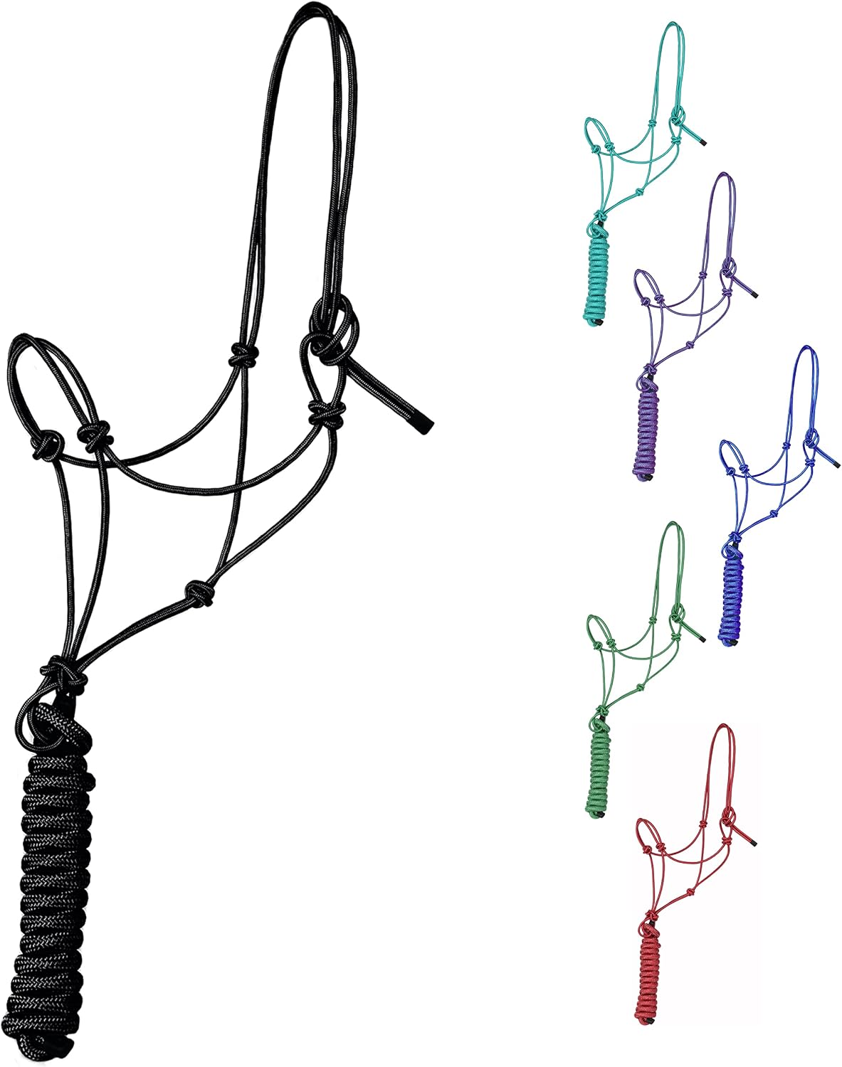 1/4" Rope 4 Knot Stiff Polyester Training Halter with 10’ Matching Lead Rope for Horses – Full (Black, Full)