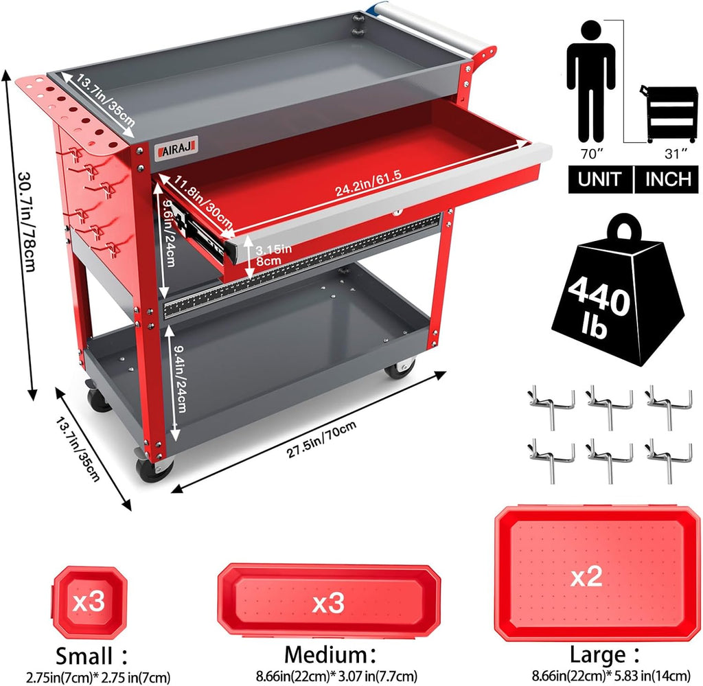 AIRAJ Rolling Tool Cart,Heavy Duty Tool Cart on Wheels,440LB Load Capacity,Utility Tool Cart with Drawers,Storage