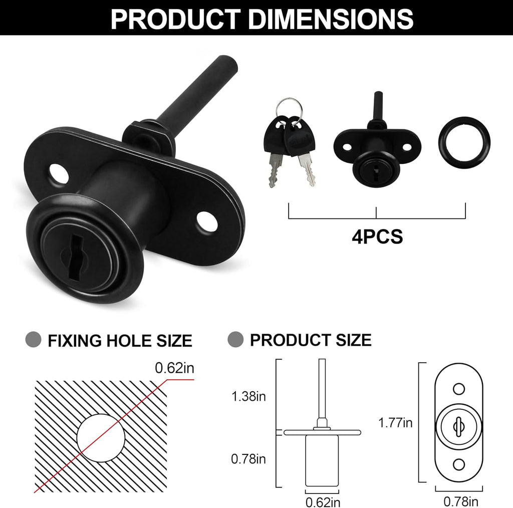 Drawer Lock Cabinet Lock with Keys,Zinc Alloy,Keyed Different,Black,4 Sets | Cylinder Diameter 16mm,Locking Rod