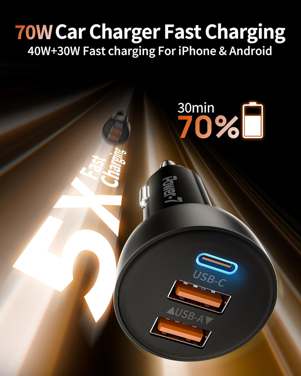 USB C Car Charger, 2 Pack 70W 3-Port PD/QC Fast Charging Cigarette Lighter USB Charger Car Phone Adapter Accessories