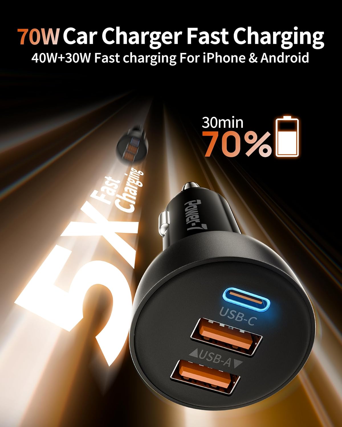 USB C Car Charger, 2 Pack 70W 3-Port PD/QC Fast Charging Cigarette Lighter USB Charger Car Phone Adapter Accessories