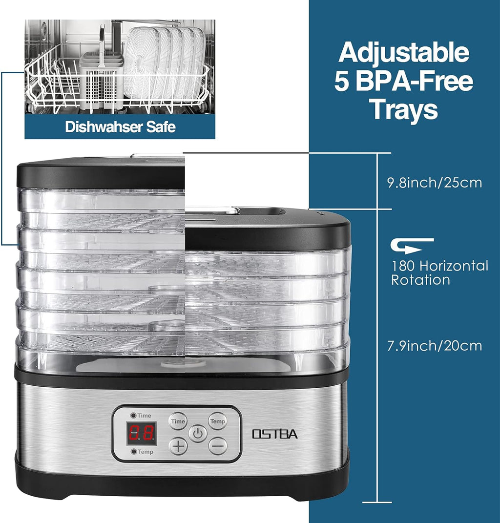 Food Dehydrator, 5 Trays, 240W Dryer for Jerky, Fruit & Snacks