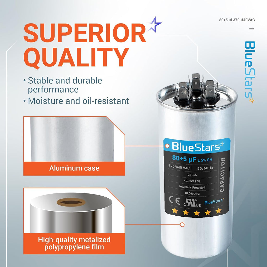 BlueStars 80+5 uF MFD 370 Or 440V Dual Run Capacitor TP-CAP-80/5/440R