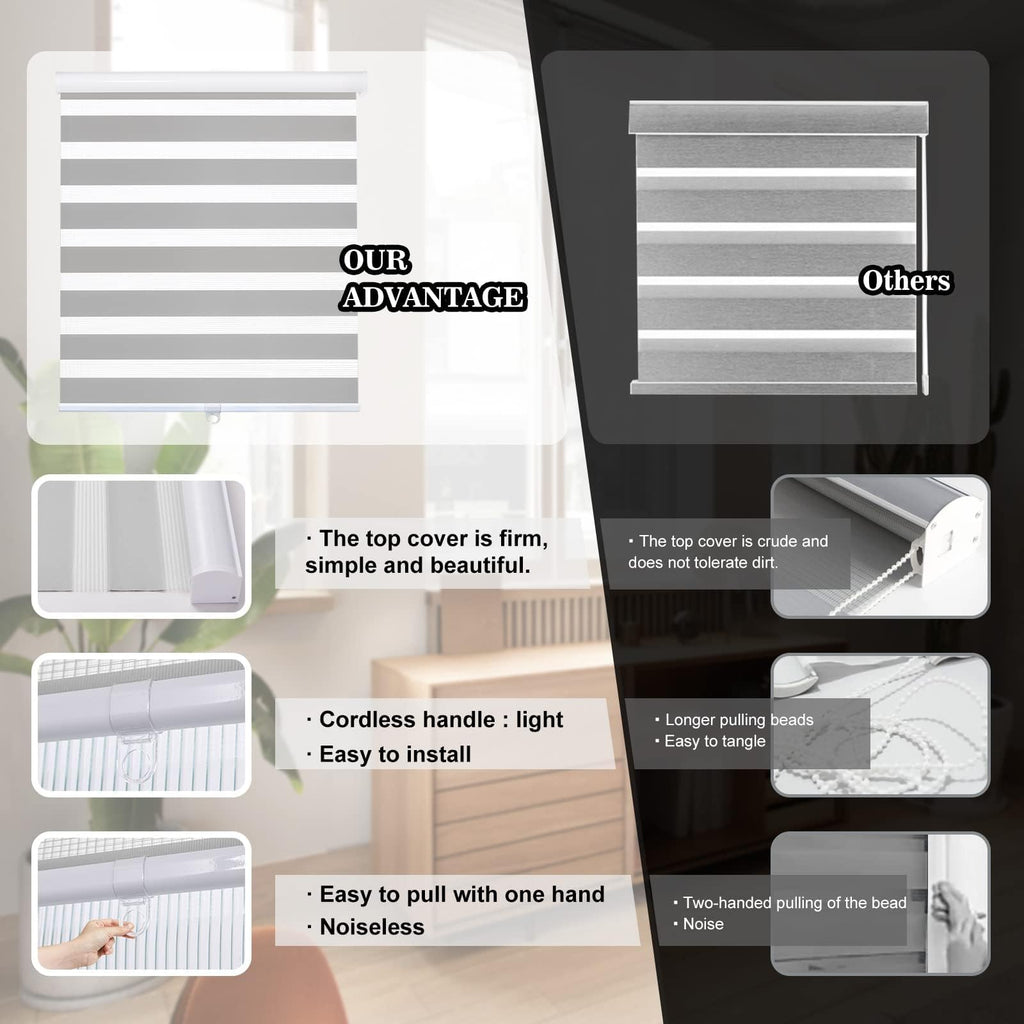 Zebra Blinds for Windows Cordless Roller Shades for Home Free-Stop Windows Shades Dual Layer Light Control for Day